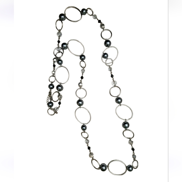 Smokey Pearl AB Crystals Silver tone Oval Link Long Layered Necklace LIA SOPHIA - Picture 2 of 8